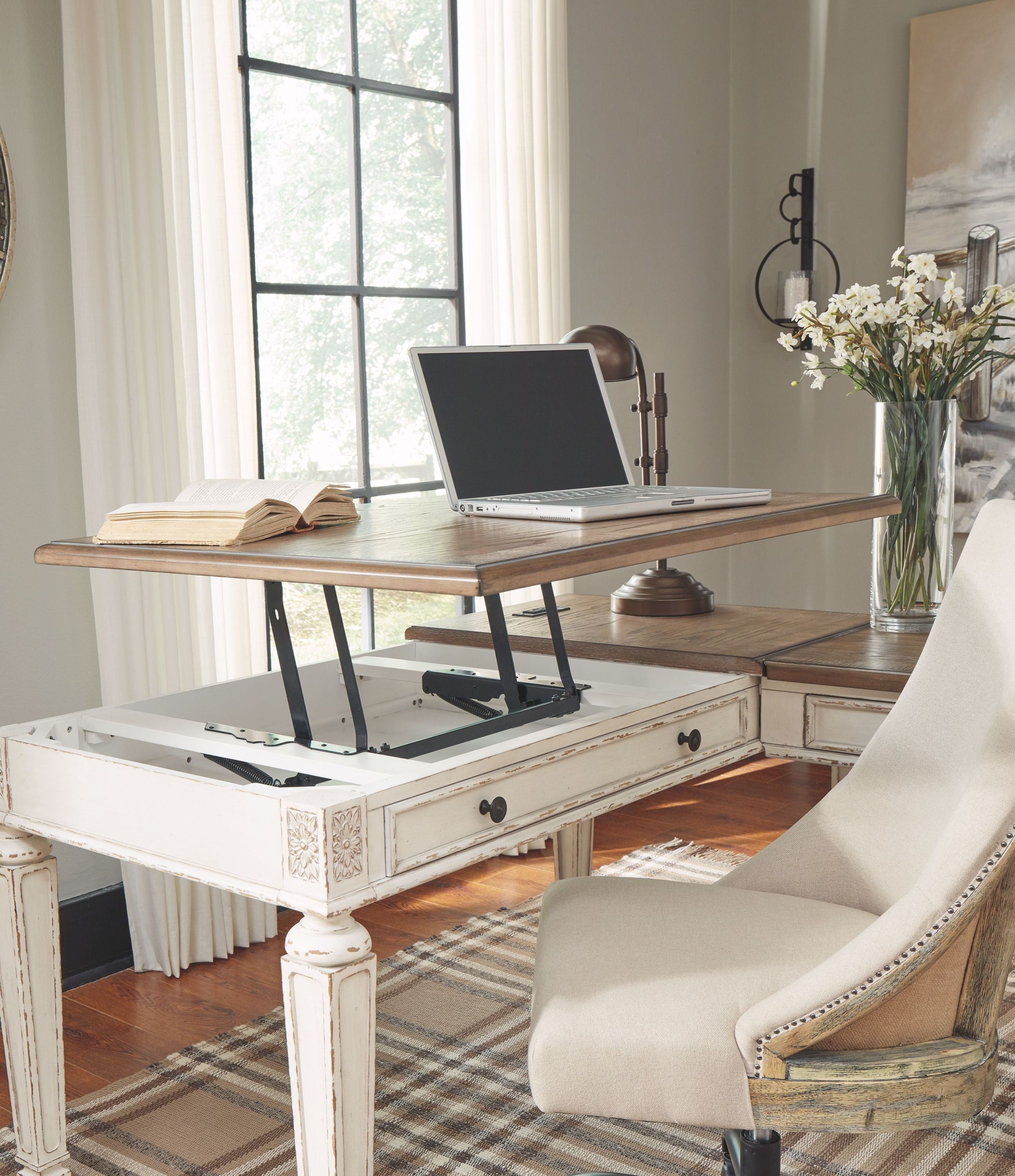 Realyn - Home Office Lift Top Desk - White / Brown - Image 3