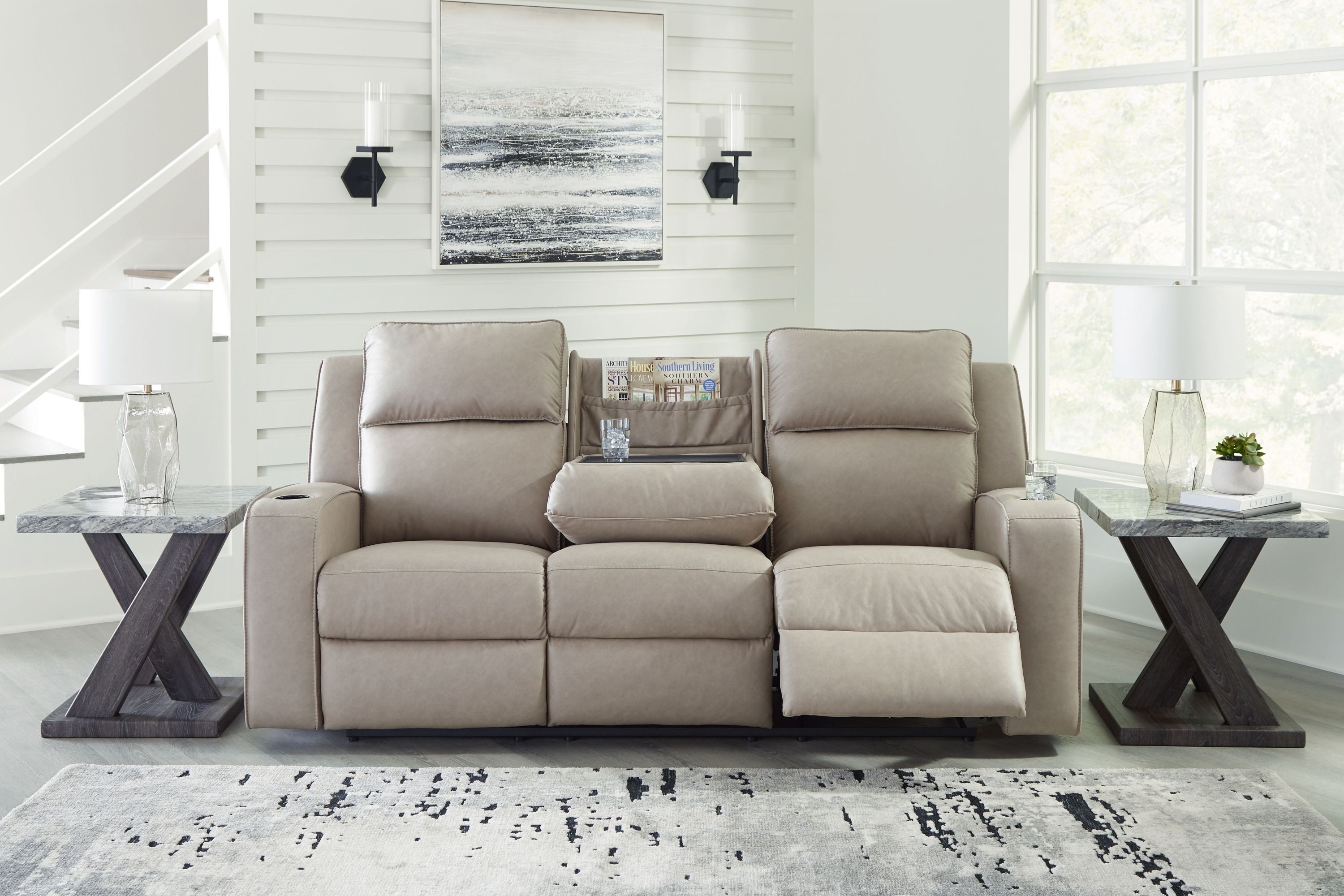 Lavenhorne - Reclining Sofa W/ Drop Down Table - Faux Leather - Pebble - Image 3