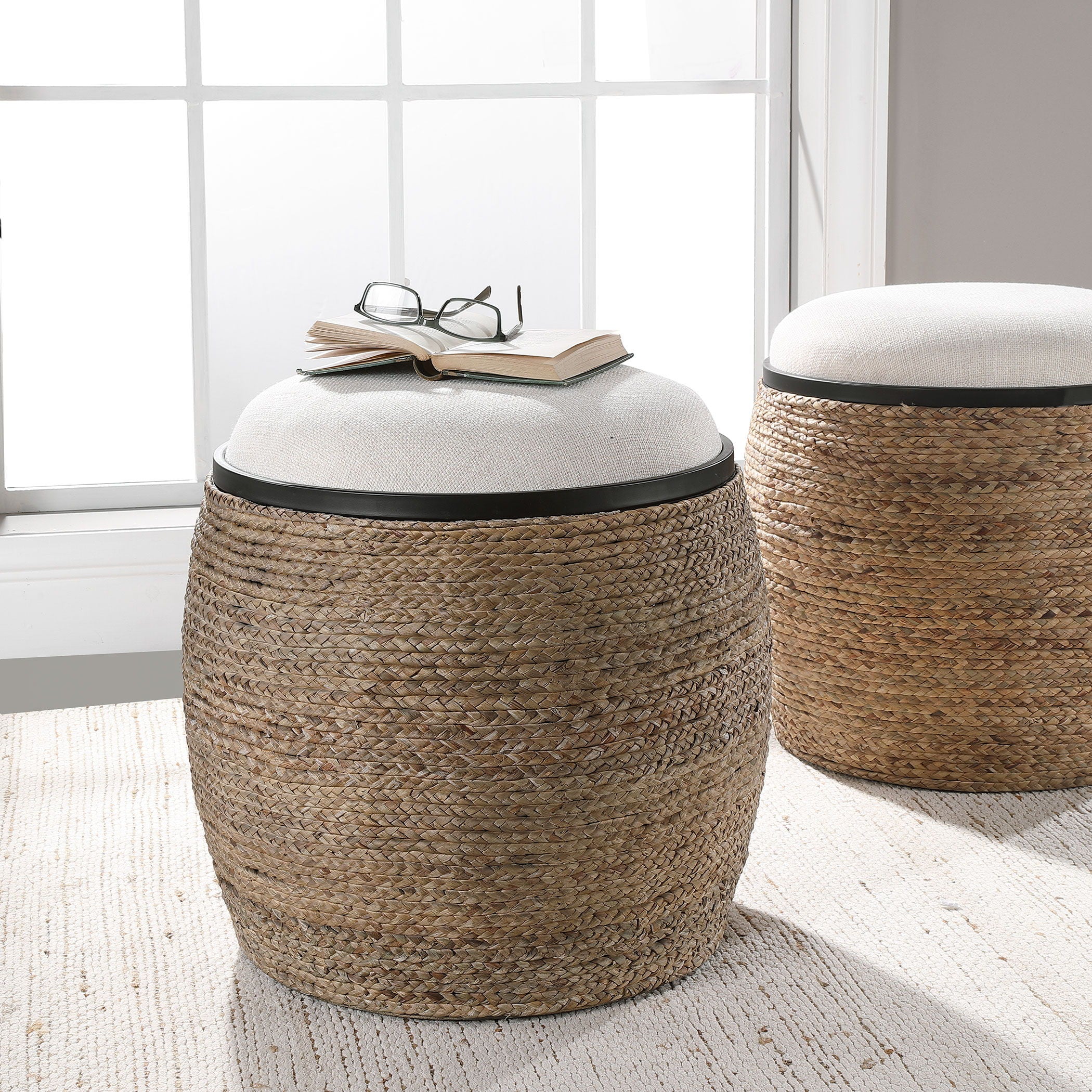 Island - Straw Accent Stool - White & Light Brown - Image 3