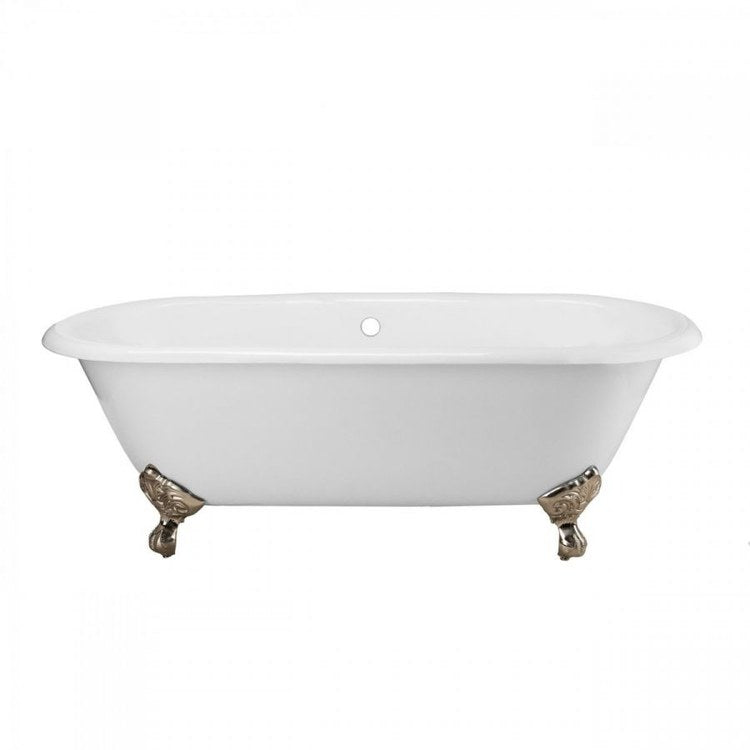 Tub Paloma 60 Inch Clawfoot Double Ended Rear Center Drain White/Brushed Nickel Cast Iron 58 Gallon - Image 1