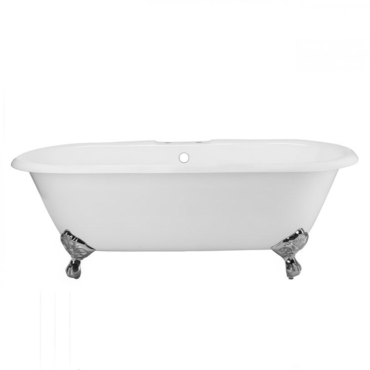 Tub Paloma 66 Inch Clawfoot Double Ended Rear Center Drain White/Chrome Cast Iron 58 Gallon - Image 1