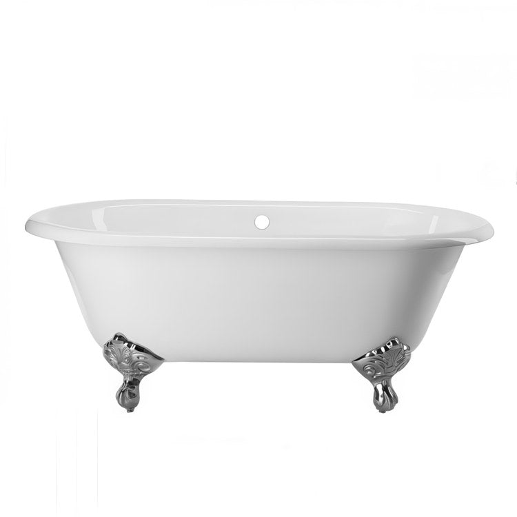 Tub Paloma 66 Inch Clawfoot Double Ended Rear Center Drain White/Brushed Nickel Cast Iron 58 Gallon - Image 1