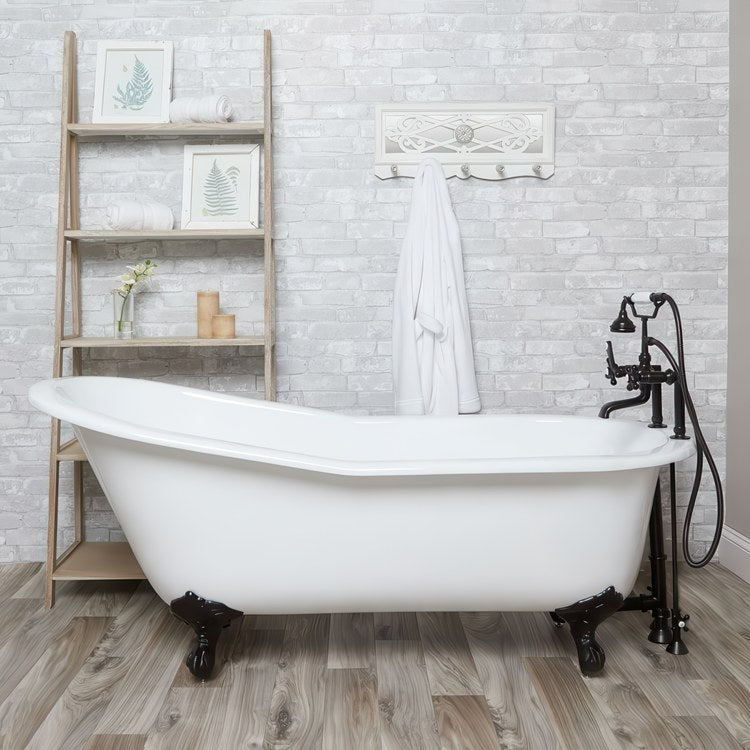 Tub Finn 61 Inch Clawfoot Slipper End Drain White/Chrome Cast Iron 64 Gallon - Image 1