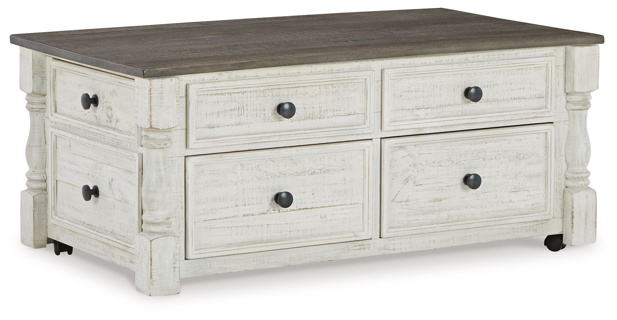 Havalance – Lift Top Cocktail Table with Storage Drawers – White / Gray