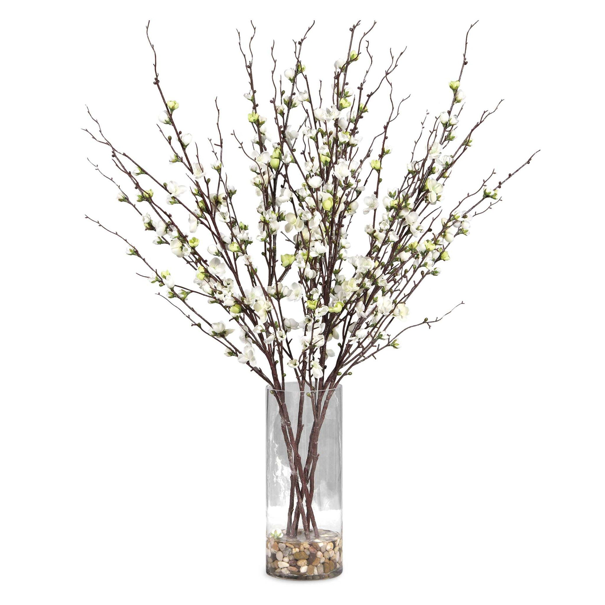 Quince Blossoms – Silk Centerpiece, Plant In A Clear Glass Vase – Dark Brown