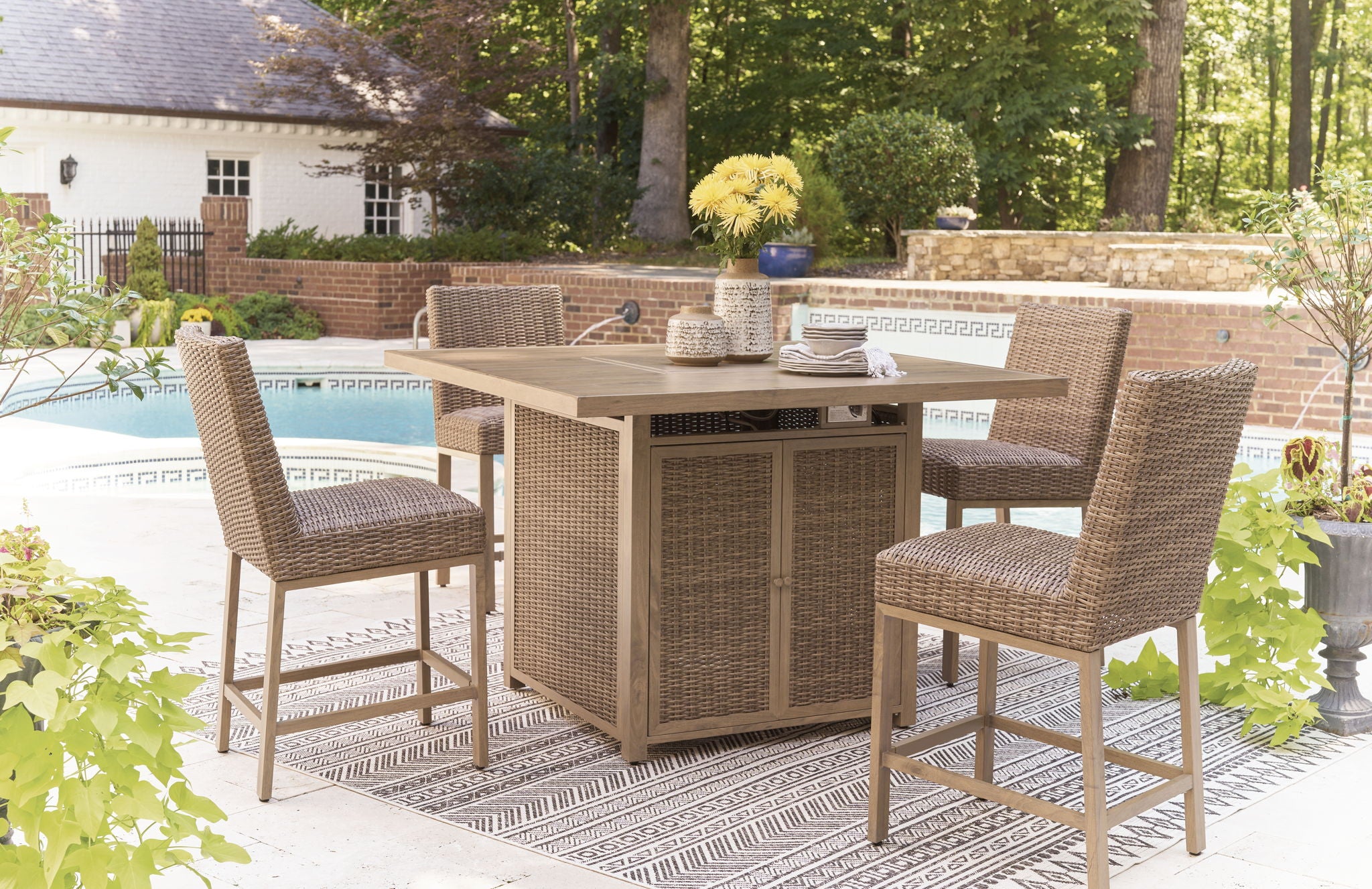 Walton Bridge - 5 Pc. - Square Bar Table W/Fire Pit, 4 Barstools - Driftwood - Image 1