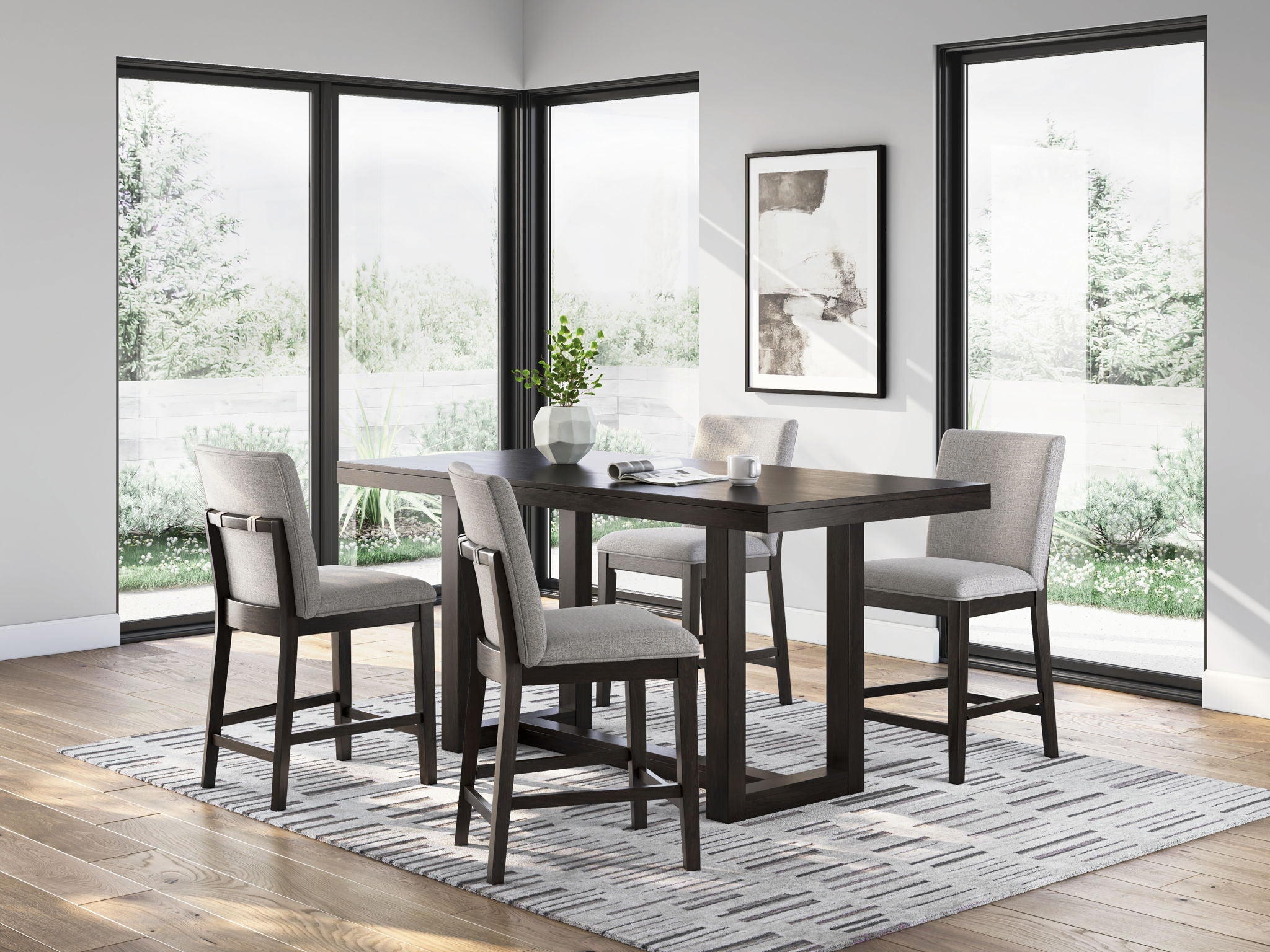 Neymorton – 5 Pc. – Rectangular Dining Room Counter Table, 4 Barstools – Dark Grayish Brown