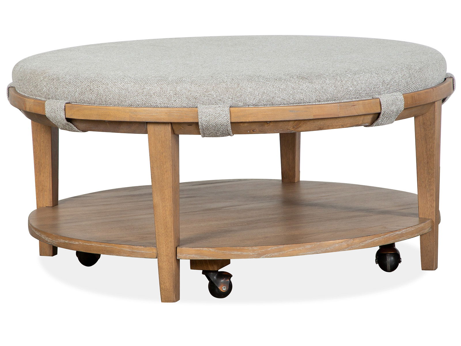 Lindon – Round Cocktail Table With Gray Upholstered Top & Casters – Belgian Wheat