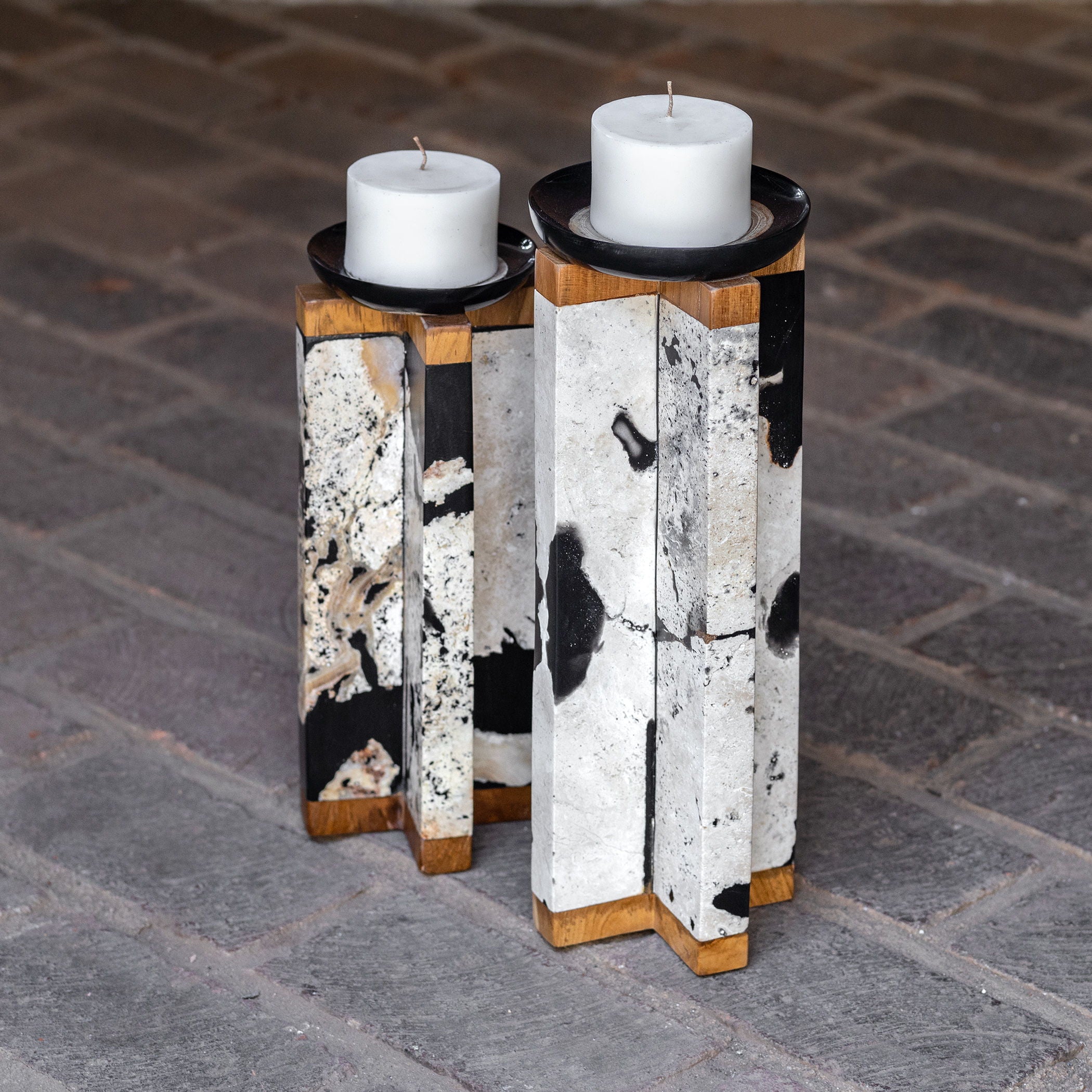 Illini - Stone Candleholders (Set of 2) - Black & White - Image 3