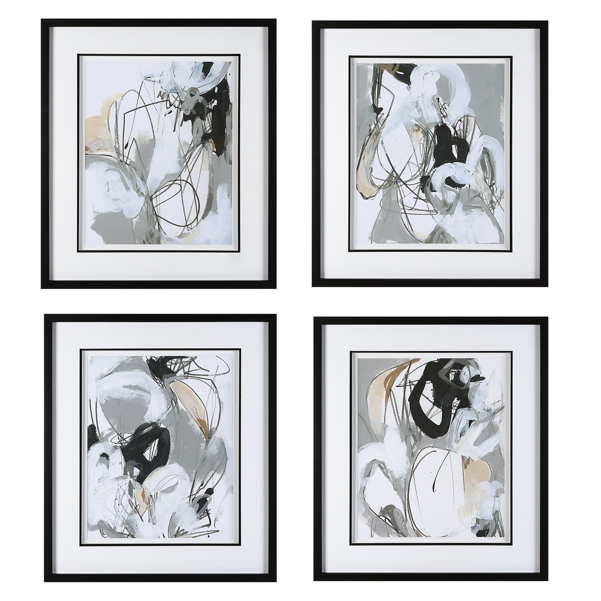 Tangled Threads - Abstract Framed Prints (Set of 4) - Pearl Silver - Image 1
