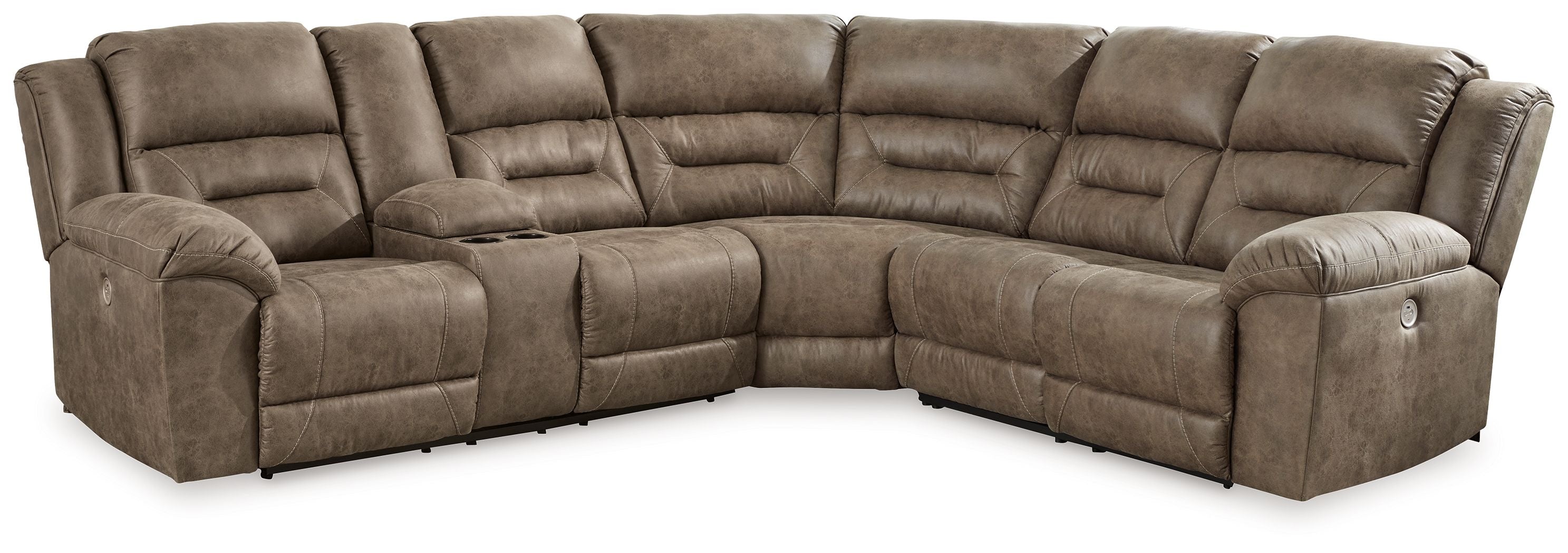 Ravenel – 3-Piece Power Reclining Sectional With Laf Power Reclining Loveseat With Console – Faux Leather – Fossil