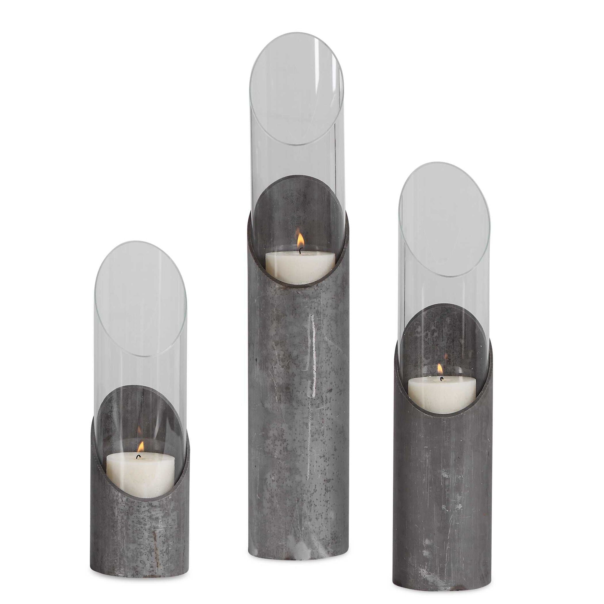 Karter – Iron & Glass Candleholders (Set of 3) – Pearl Silver & Dark Gray