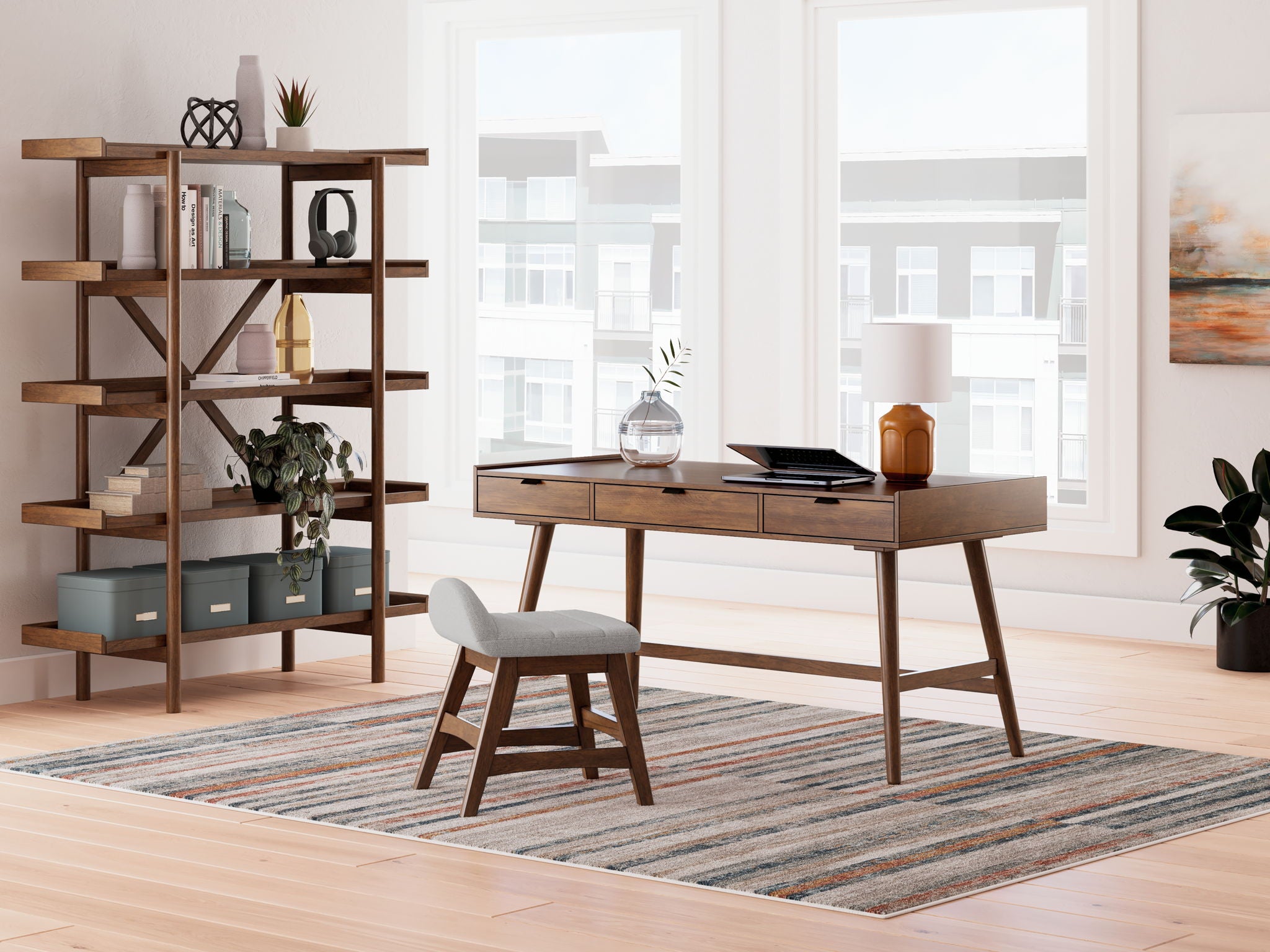 Lyncott – 3 Pc. – Home Office Desk, Chair, Bookcase – Brown