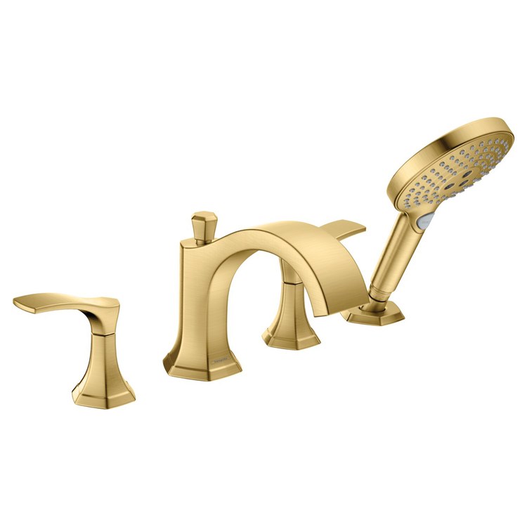 Roman Tub Trim Locarno with Handshower 2 Lever Brushed Gold Optic WaterSense 9-3/4 Inch Spread 4 Hole 5.8 Gallons per Minute - Image 1