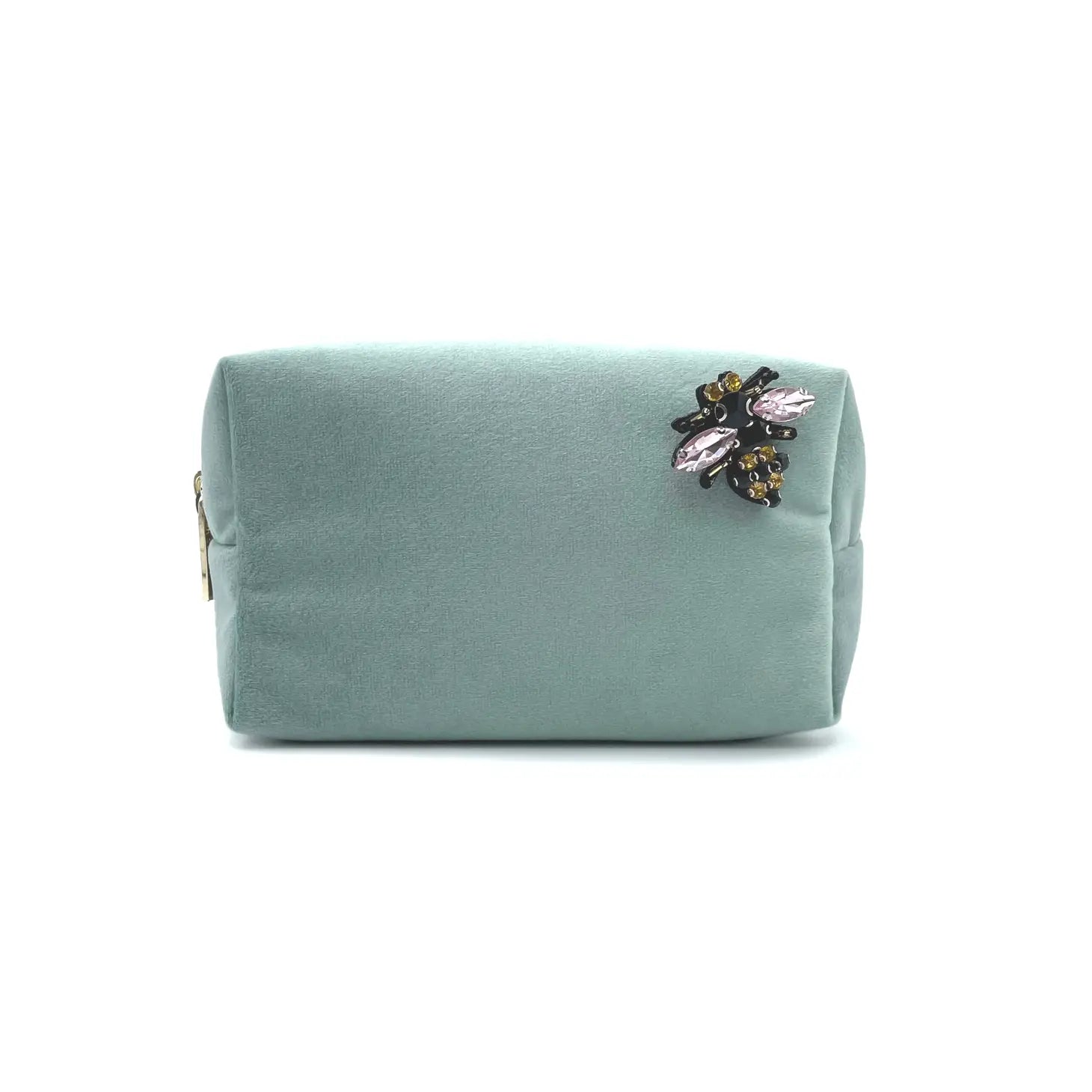 Sea green velvet make-up bag and a pin – recycled velvet