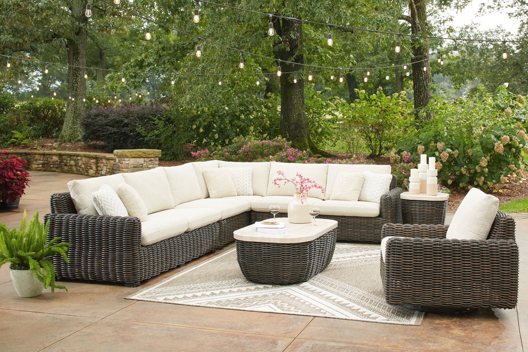Kimora – 7 Pc. – 4-Piece Outdoor Sectional, Swivel Glider Lounge, Cocktail Table, End Table – Beige / Dark Brown