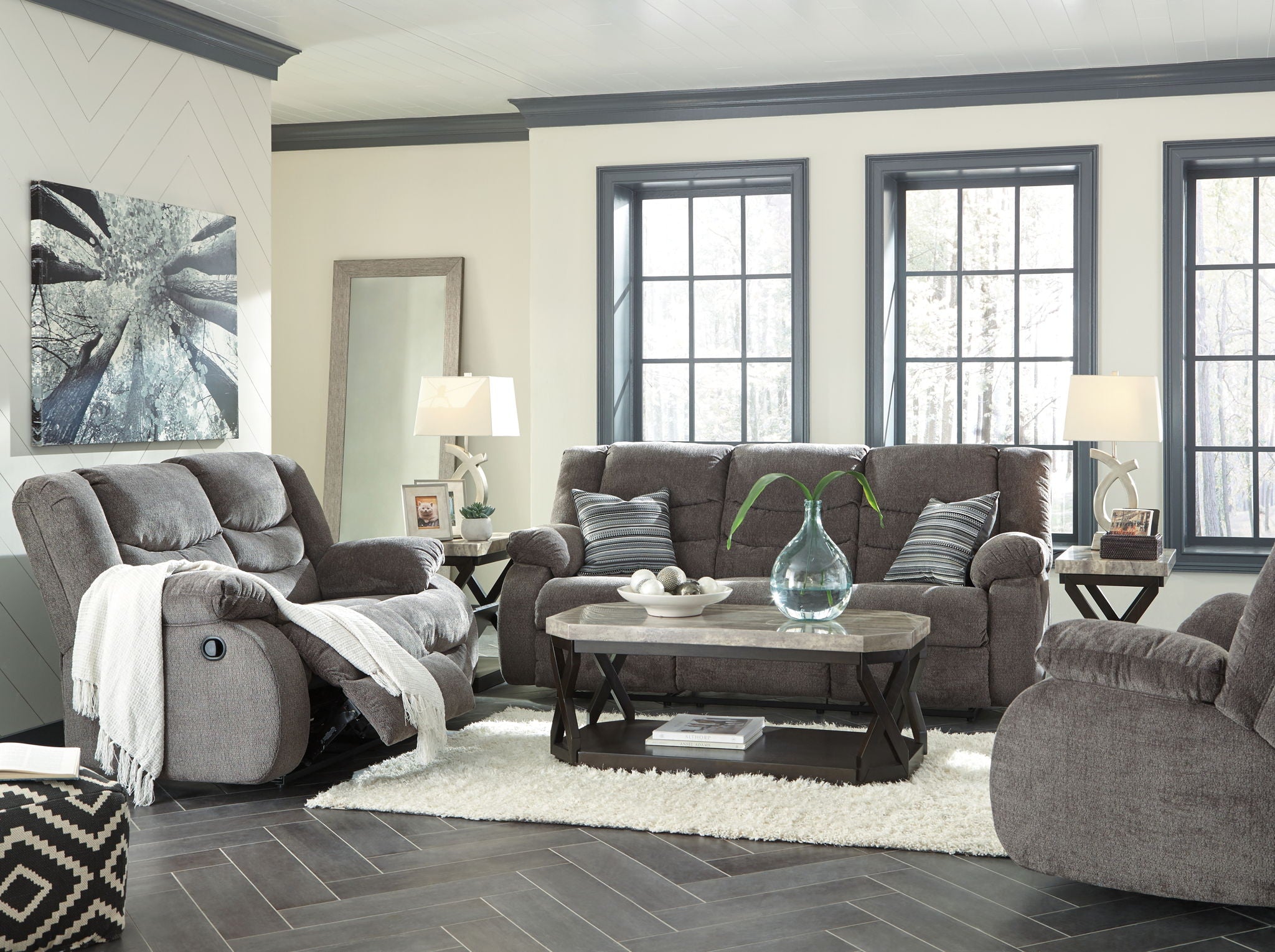 Tulen – 3 Pc. – Reclining Sofa, Reclining Loveseat, Rocker Recliner – Gray