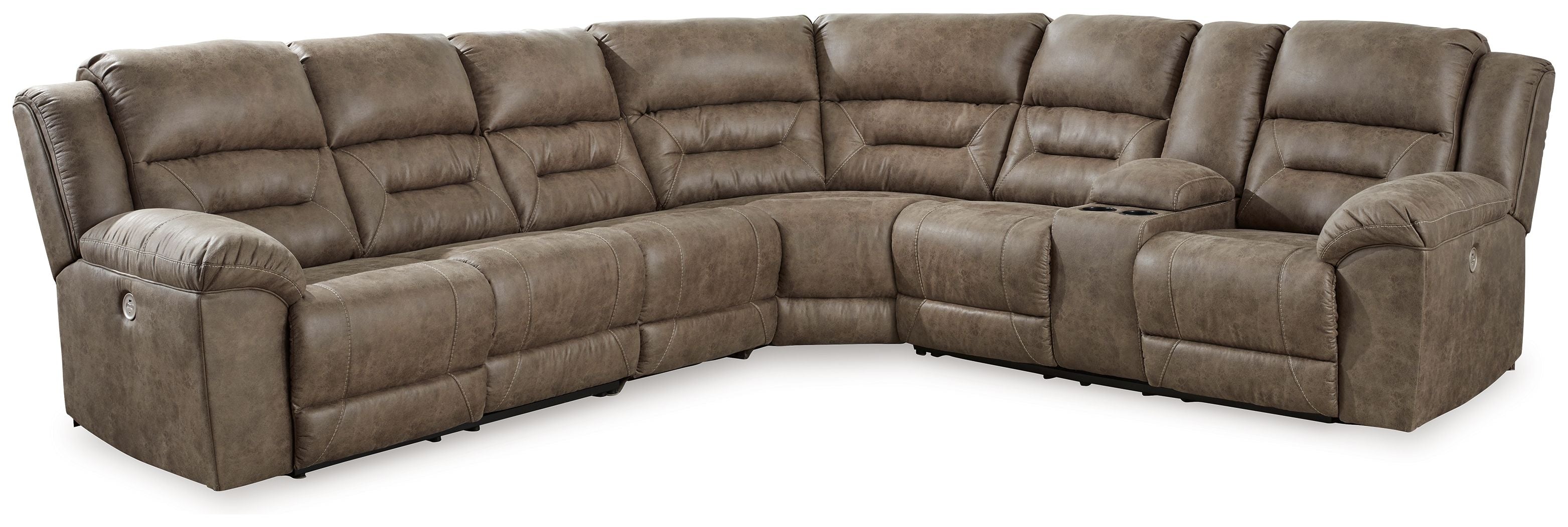 Ravenel – 4-Piece Power Reclining Sectional With Raf Power Reclining Loveseat With Console – Faux Leather – Fossil